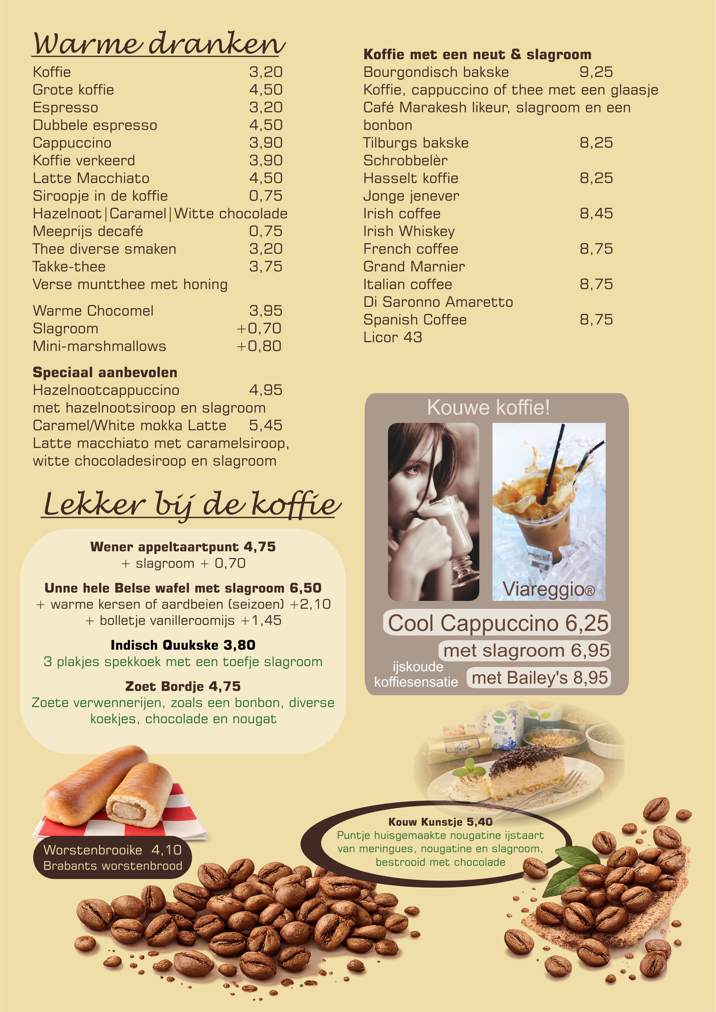 Warme dranken ijskoffie en gebak